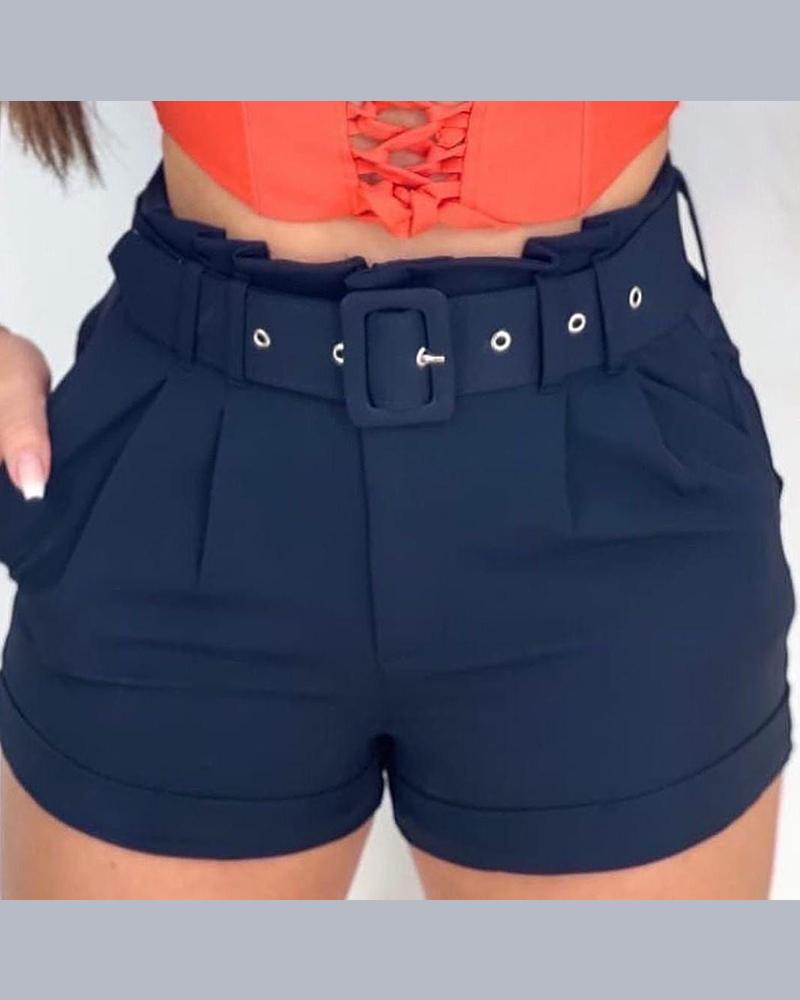 

Ruched Pocket Design Shorts With Belt, Black