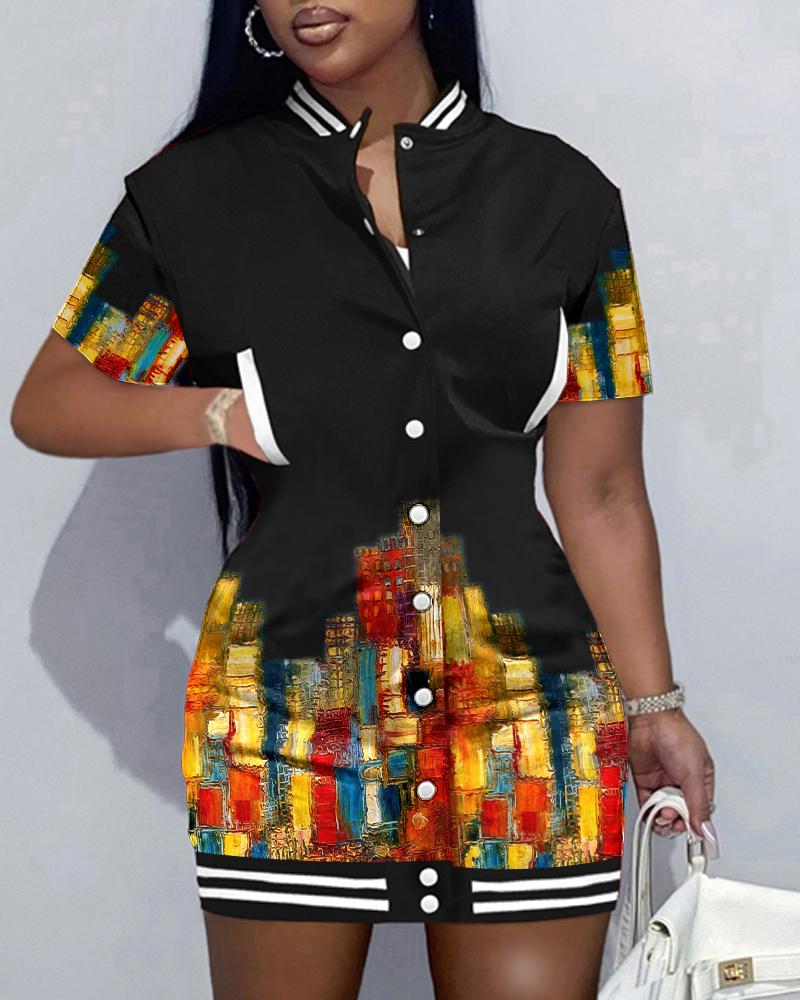 

Landscape Print Button Front Casual Dress, Black