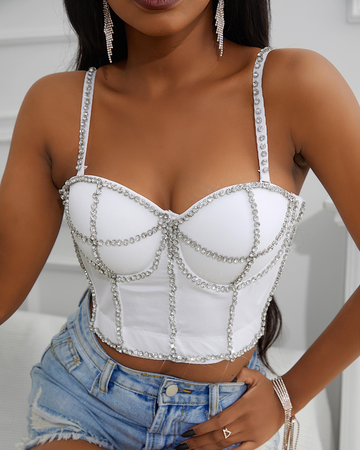 

Rhinestone Decor Spaghetti Strap Corset Crop Top, White