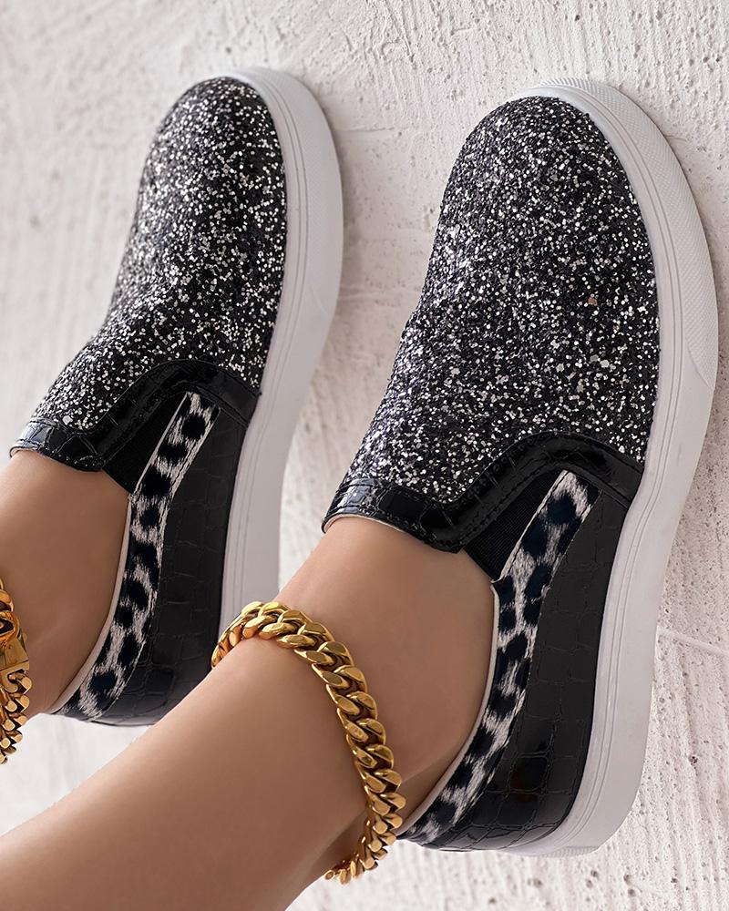 

Leopard Print Contrast Sequin Slip-On Sneakers, Black