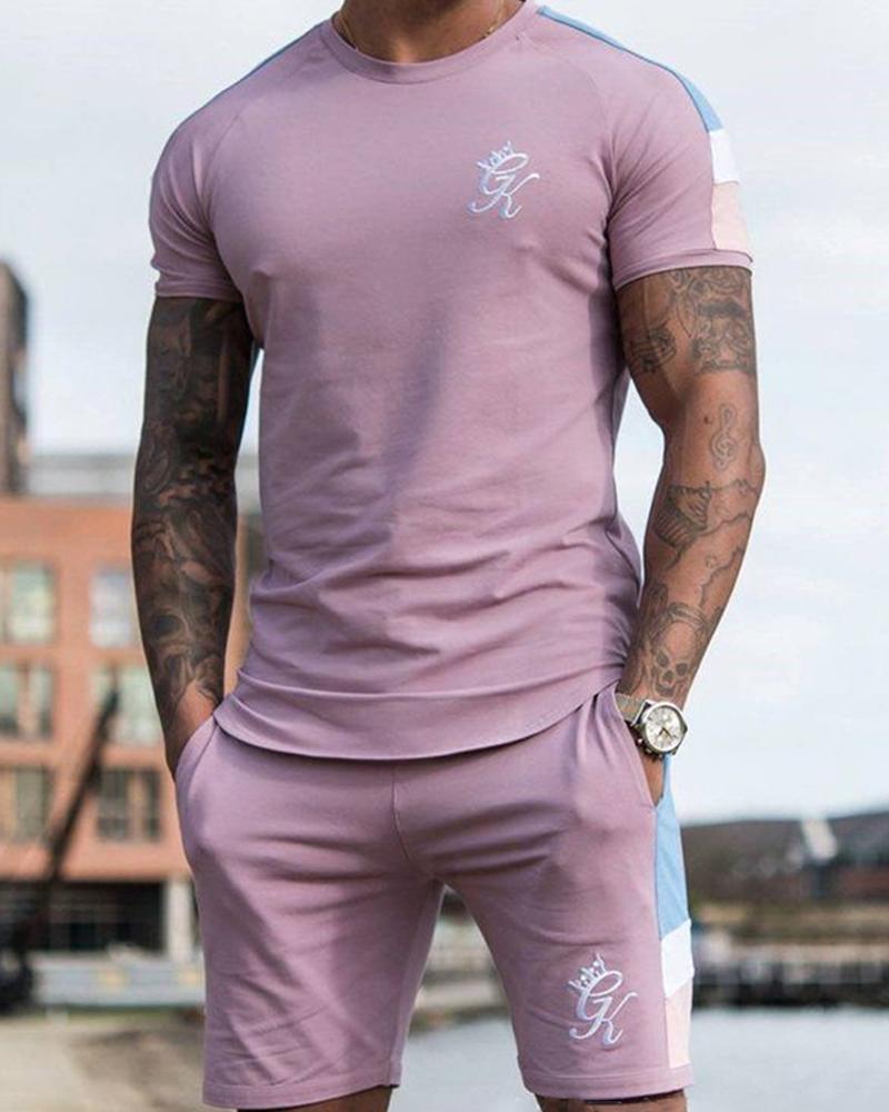 

Color Block Splicing Letter Print Short Sleeve Active Sets, Pink