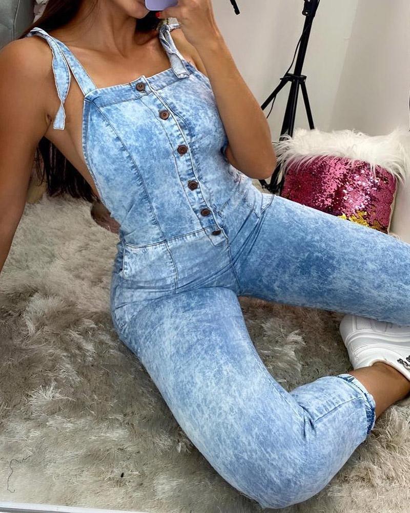 

Buttoned Backless Tied Detail Denim Suspender Jumpsuit, Blue