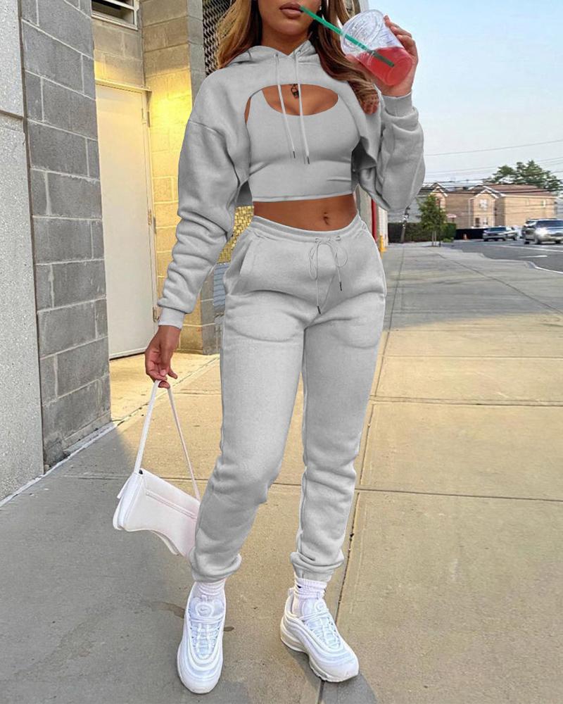 

3PCS Tank Top & Crop Hoodie & Drawstring Sweatpants Set, Gray