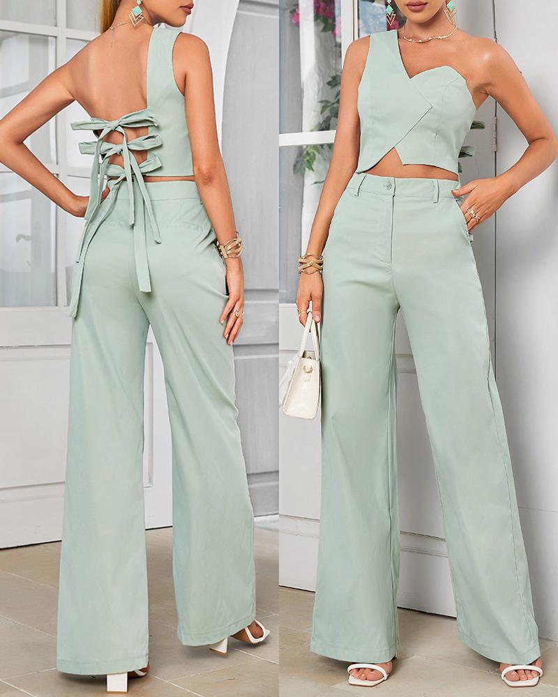 

Asymmetrical Neck Tied Detail Crop Top & Wide Leg Pants Set, Green