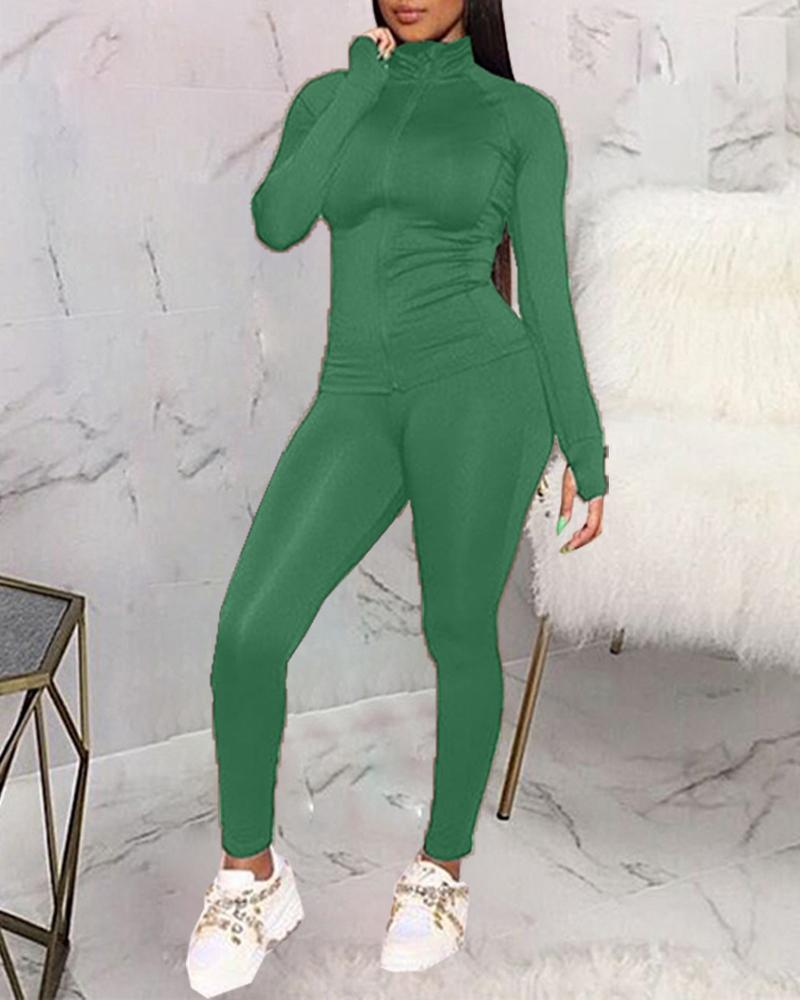 

Long Sleeve Zip Up Top & Pants Set, Green