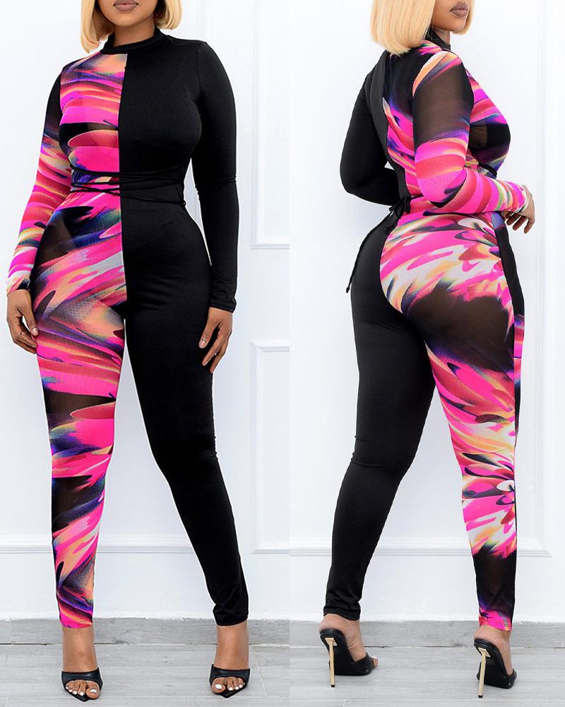 

Plus Size Abstract Print Tied Detail Long Sleeve Jumpsuit, Black