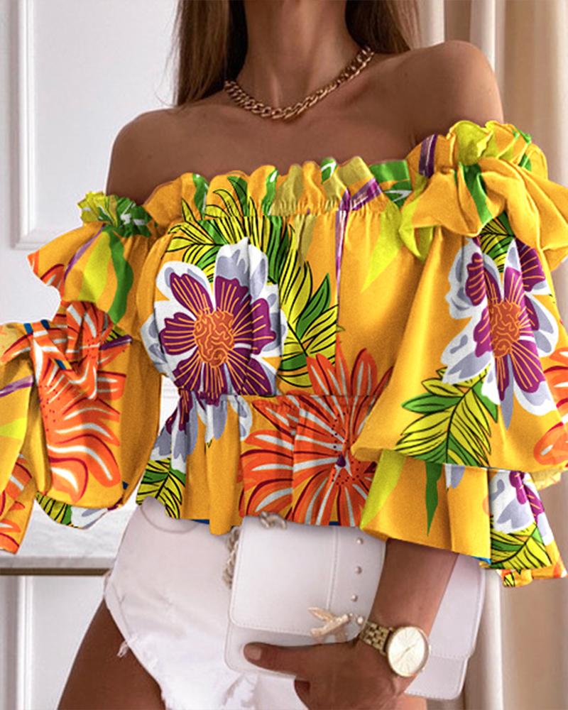 

Off Shoulder Tropical Print Peplum Top, Yellow