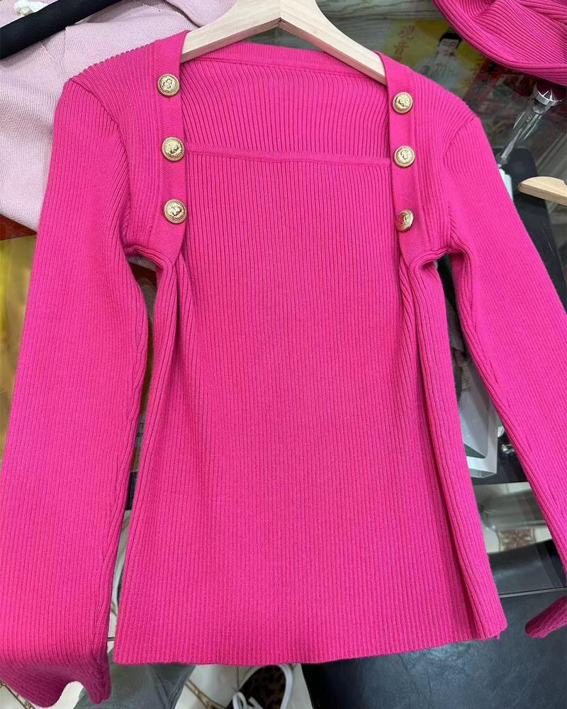 

Button Decor Asymmetrical Neck Knit Sweater, Hot pink