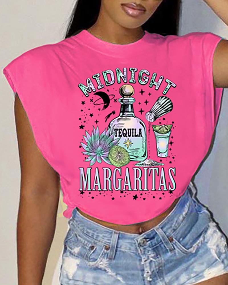 

Cap Sleeve Graphic Letter Print T-shirt, Hot pink