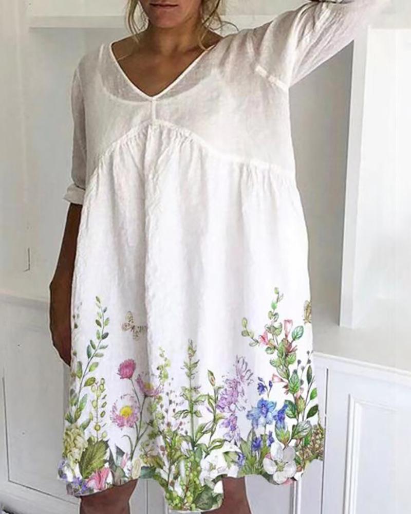 

Long Sleeve Floral Print Casual Dress, White