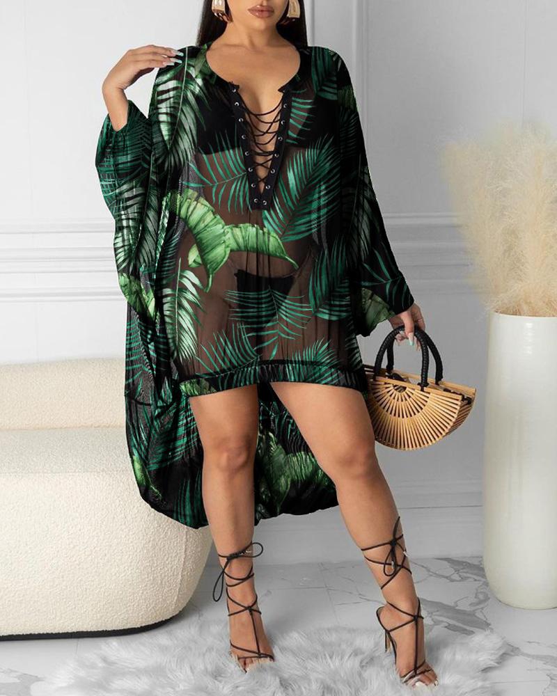 

Tropical Print Eyelet Lace-up High Low Hem Sheer Mesh Cover Up, Black