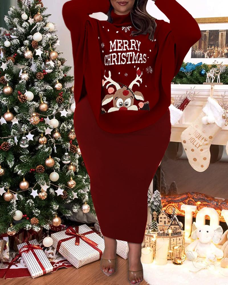 

Plus Size Christmas Elk Print Ribbed Top & Skirt Set, Red