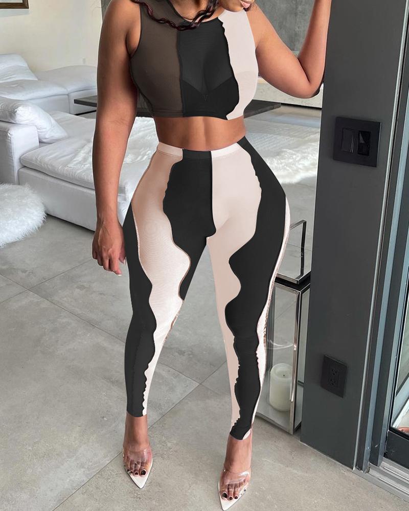 

Colorblock Sheer Mesh Crop Top & Pants Set, Black
