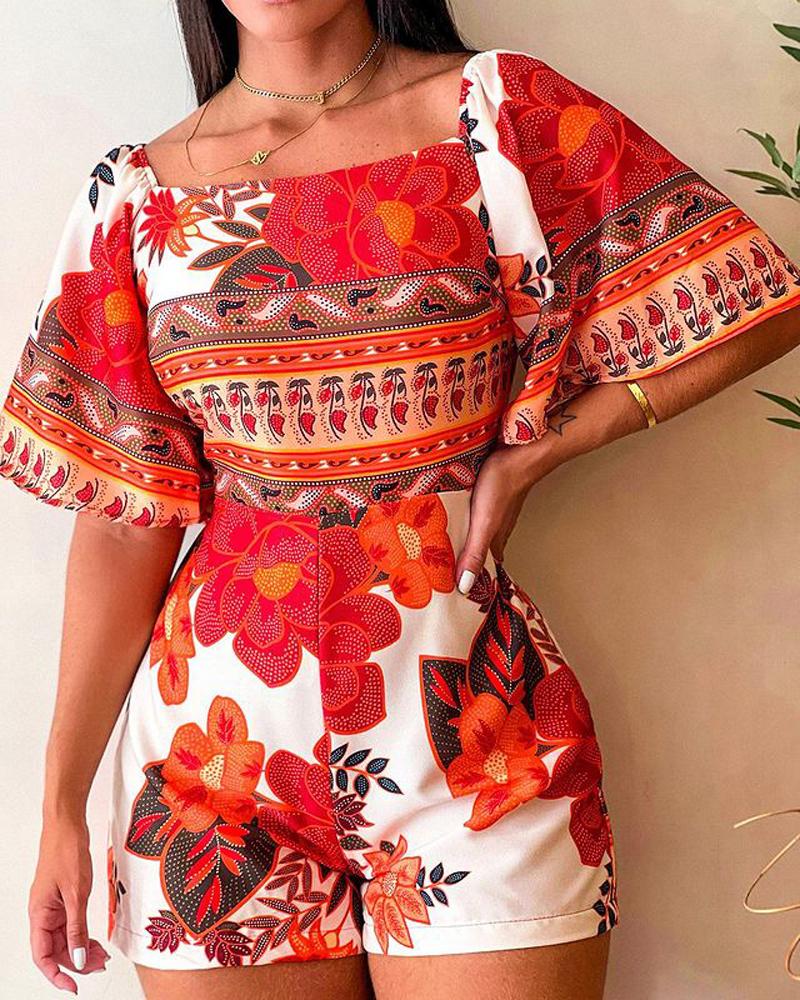 

Floral Print Tied Detail Backless Romper, Multicolor