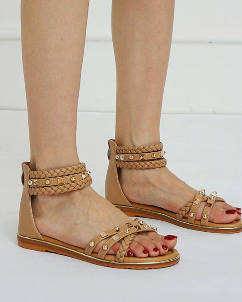 

Rome Style Round-toe Solid Color Splicing Studded Weave Flat Sandals, Apricot