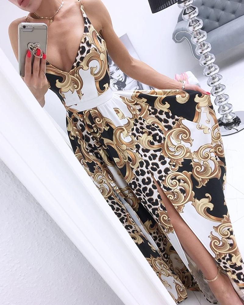 

Scarf Cheetah / Floral Print Slit Maxi Dress, Khaki
