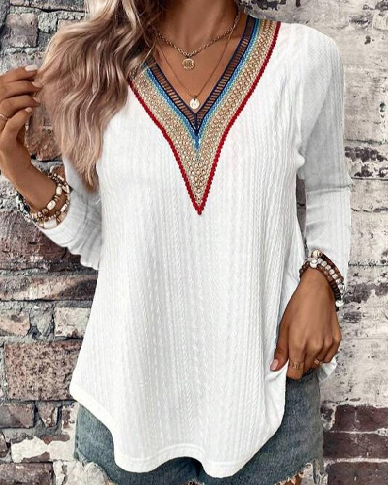 

Lace Patch V-Neck Textured Top, White