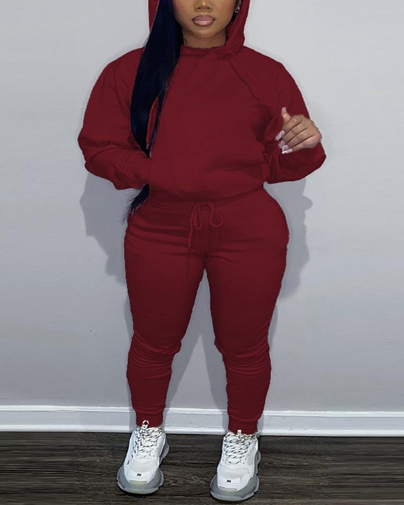 

Plus Size Long Sleeve Drawstring Hoodie & Pants Set, Wine red