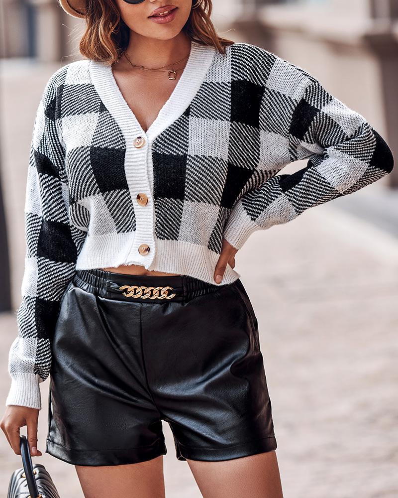 

Plaid Print Buttoned Long Sleeve Cardigan, Black