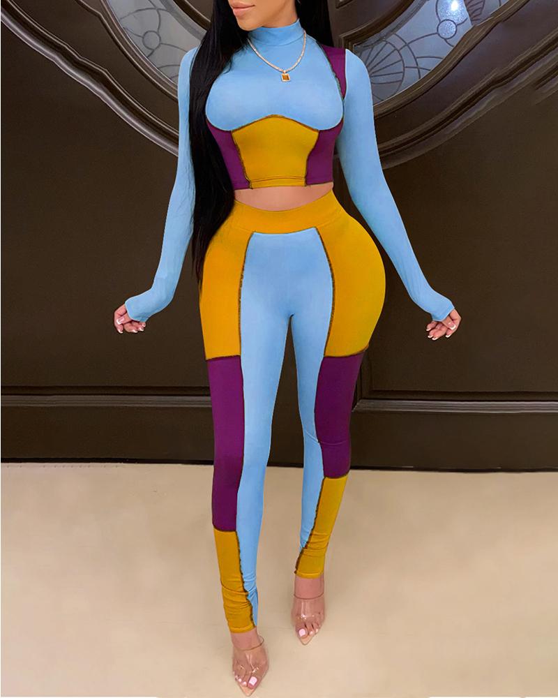

Colorblock Long Sleeve Top & High Waist Pants Set, Blue