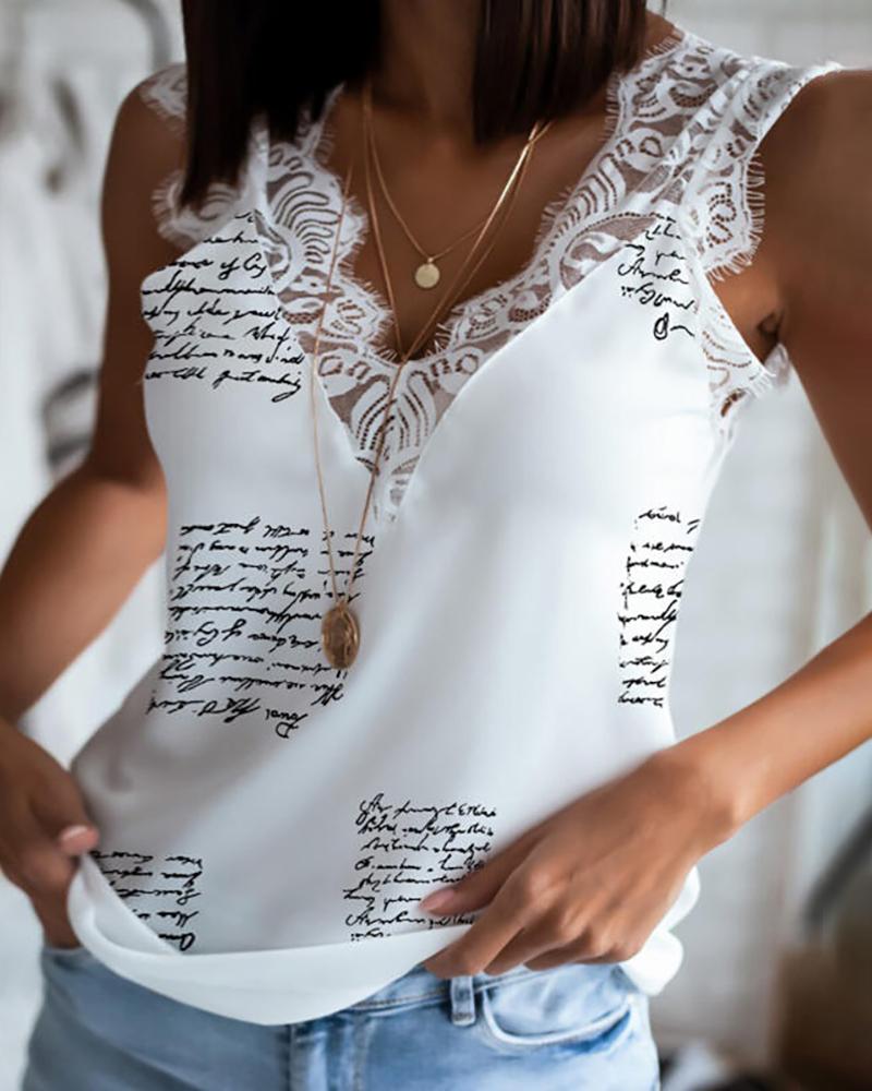 

Eyelash Lace Trim Letter Print Tank Top, White