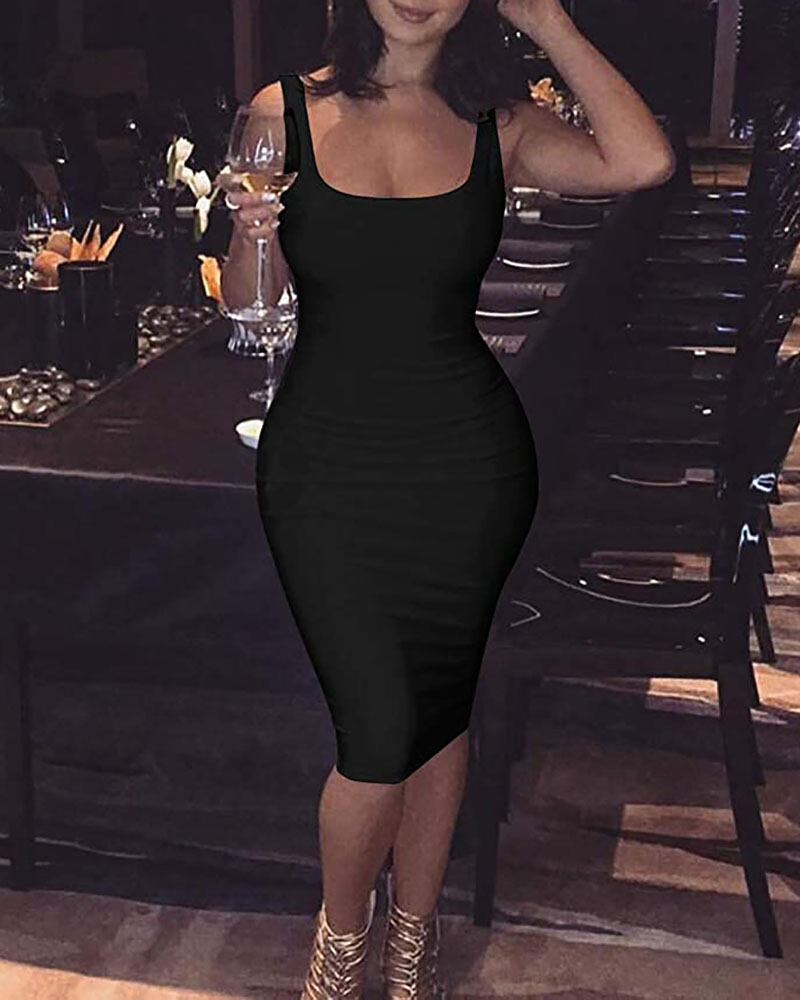 

U Neck Sleeveless Ruched Skinny Dress, Black