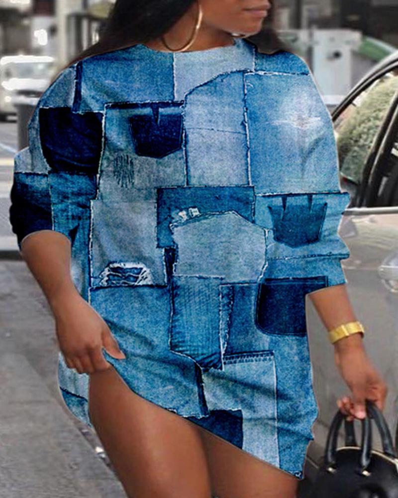 

Plus Size Denim Look Print Long Sleeve Casual Dress, Blue