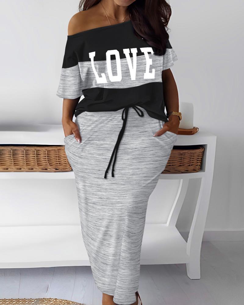 

Plus Size Love Print Striped Colorblock Top & Drawstring Skirt Set, Gray