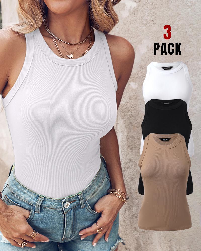 

3-Pack Knit Round Neck Thick Strap Racerback Tank Tops, Style1