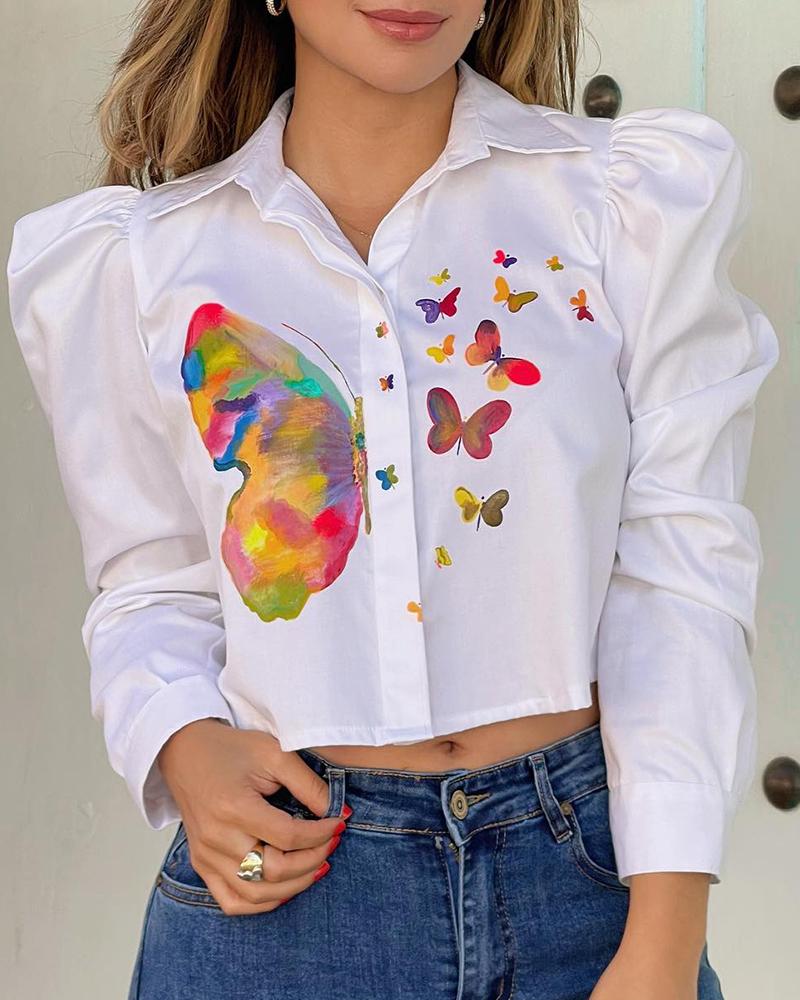 

Puff Sleeve Butterfly Print Buttoned Crop Shirt, White