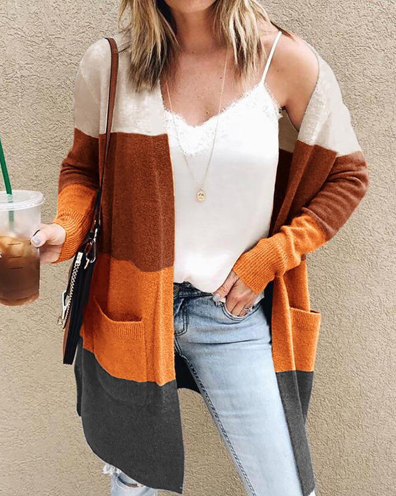 

Long Sleeve Colorblock Pocket Design Knit Cardigan, Coffee