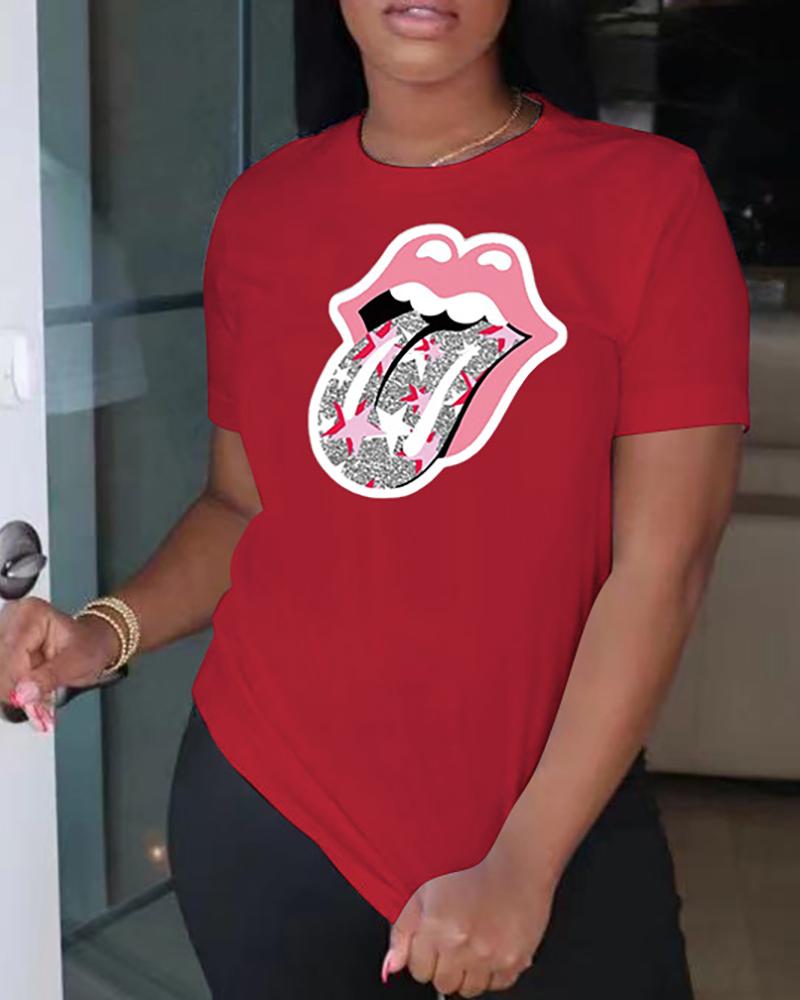 

Lip / Heart Print O Neck Short Sleeve T-Shirt, Red