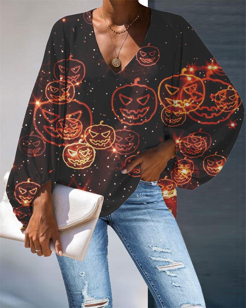 

Halloween Pumpkin Print Lantern Sleeve Top, Black