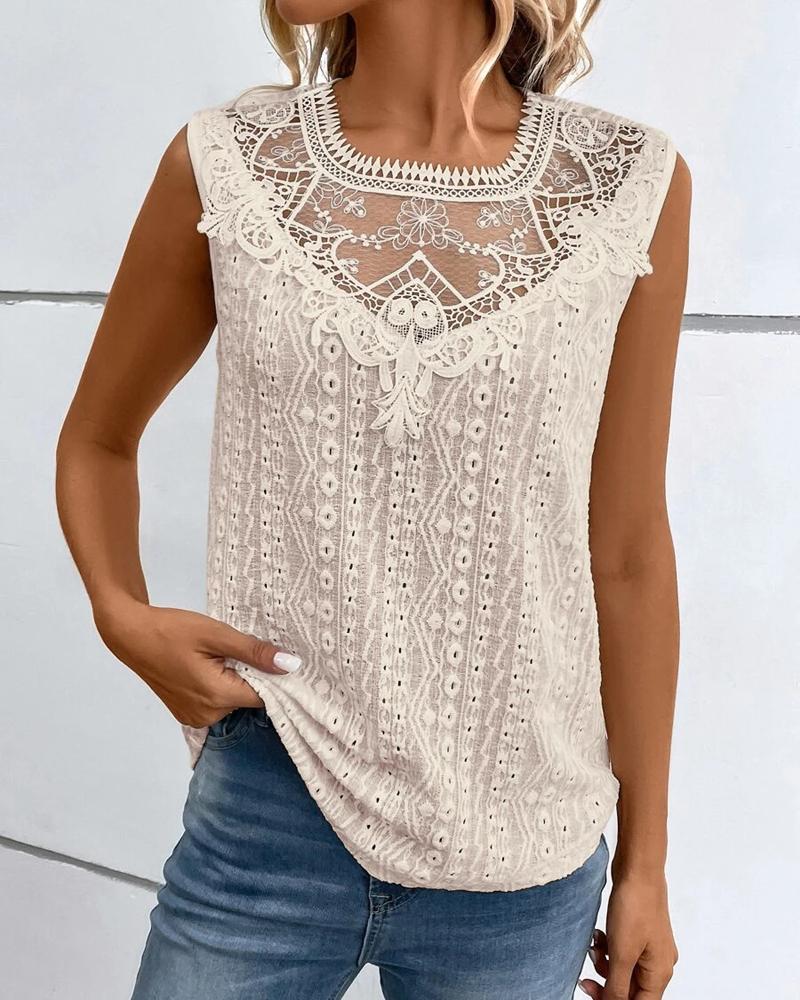 

Guipure Lace Eyelet Embroidery Tank Top, Apricot