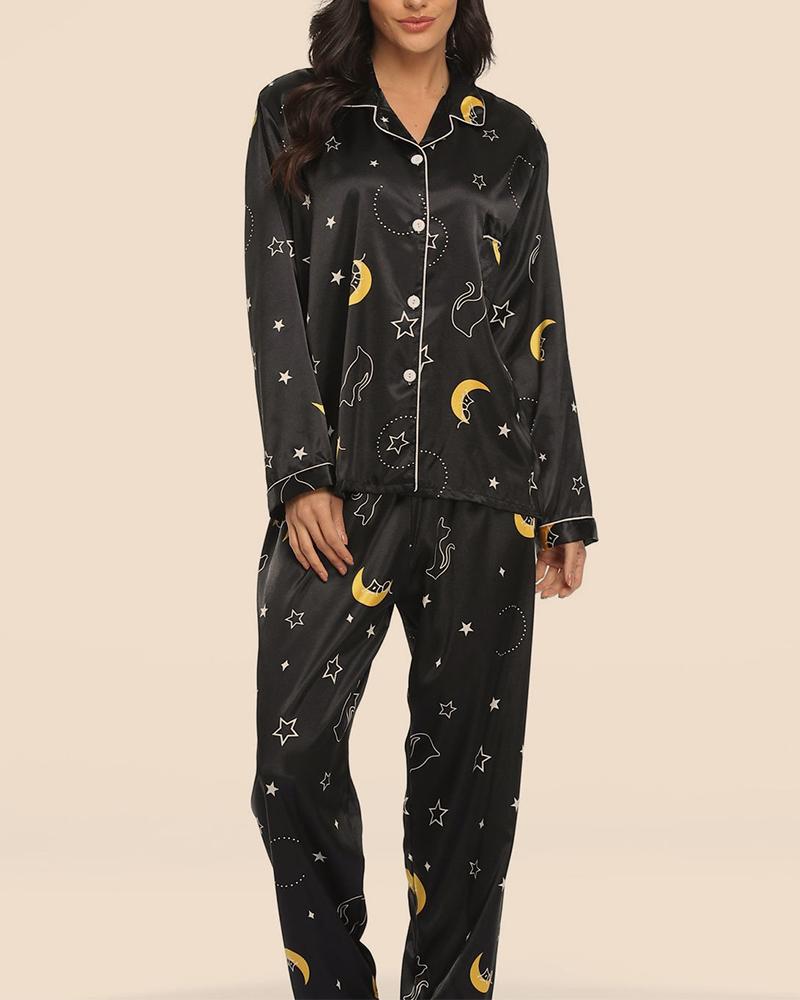 

Floral / Tropical / Star Print Satin Pajamas Set, Black