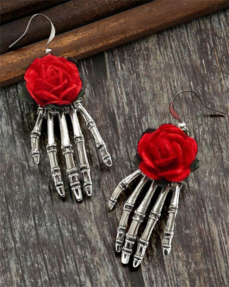 

1Pair Halloween Goth Skeleton Hand Design Drop Earrings, Red