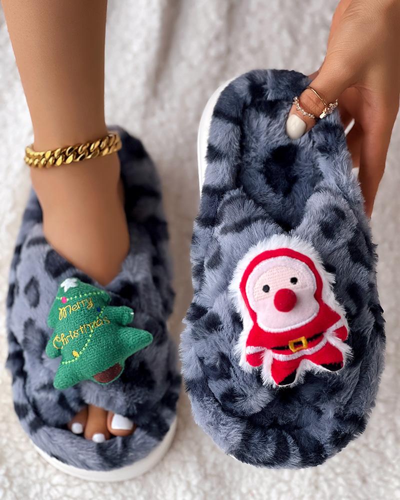 

Christmas Cartoon Leopard Cross Strap Fuzzy Winter Slippers, Blue