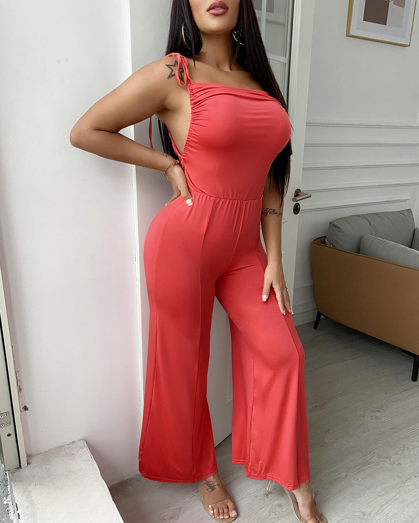 

Ruched Tied Detail Sleeveless Jumpsuit, Red