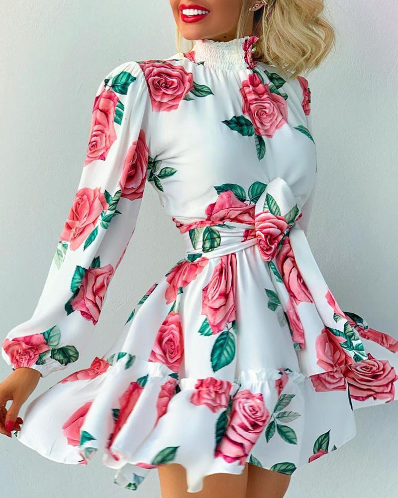 

Rose Print High Neck Ruffles Hem Dress, White