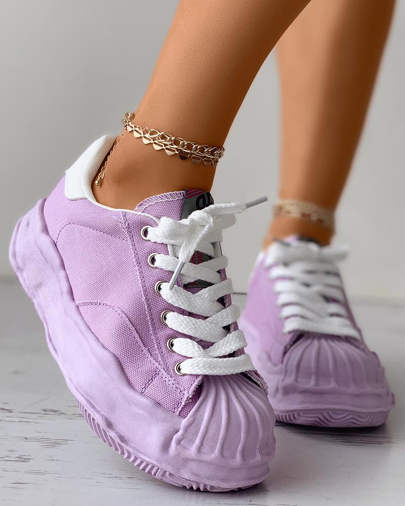 

Eyelet Lace-up Muffin Platform Sneakers, Purple