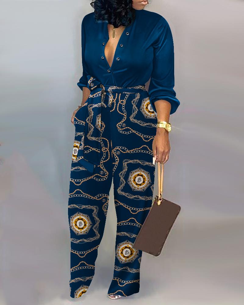 

Baroque Chain Print Long Sleeve Belted Jumpsuit, Blue