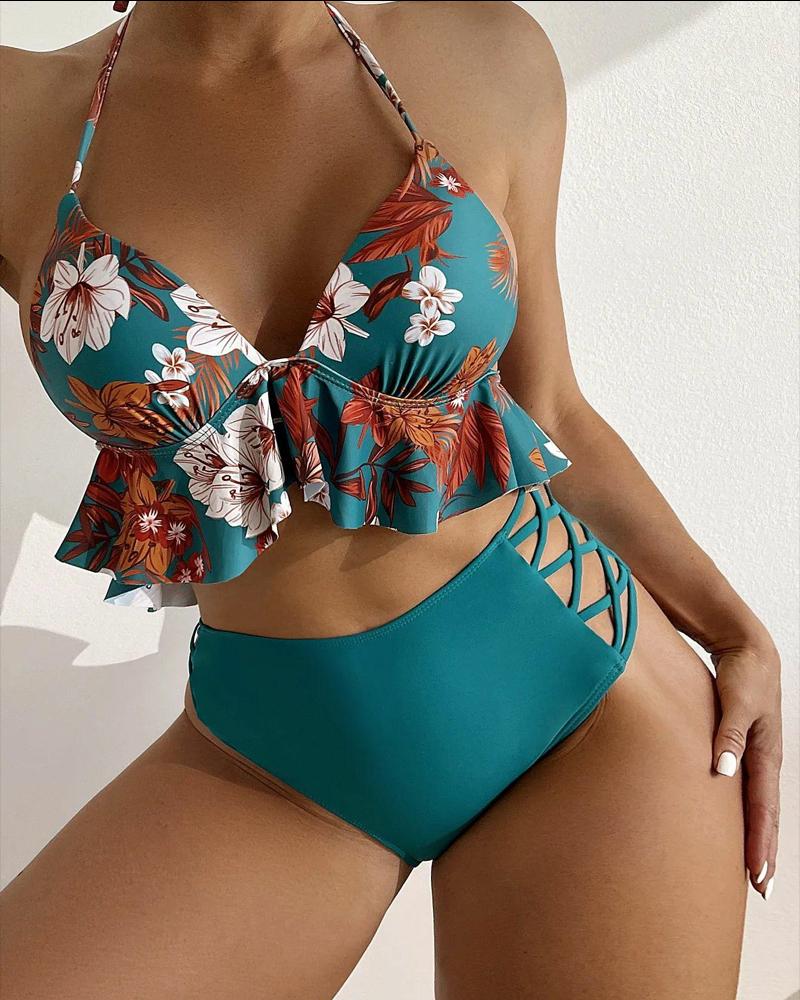 

Floral Print Ruffle Hem Hollow Out Bikini Set, Green