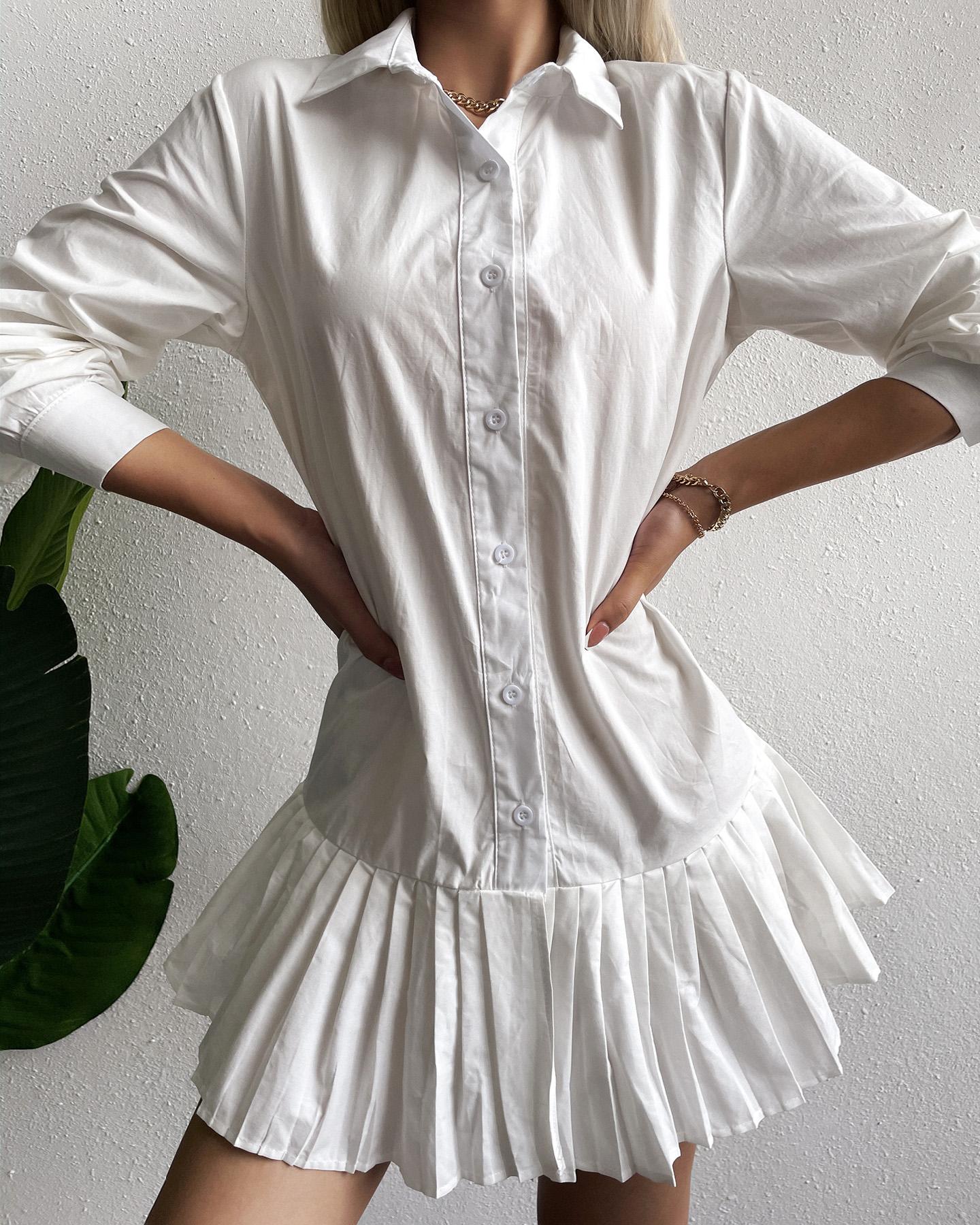 

Plain Button Design Pleated Shirt Dress, White