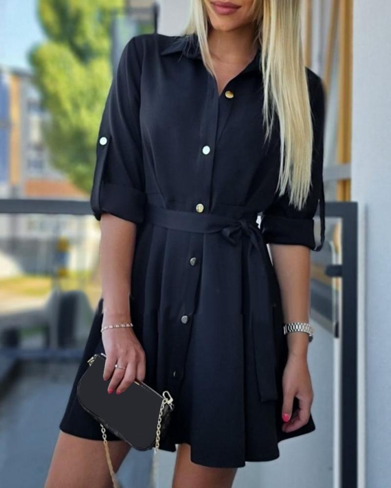 

Roll Up Sleeve Buttoned Tied Detail Shirt Dress With Belt, Black