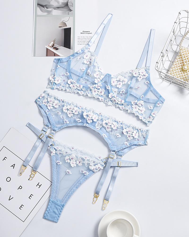 

Sheer Mesh Floral Embroidery Garter Lingerie Set, Blue