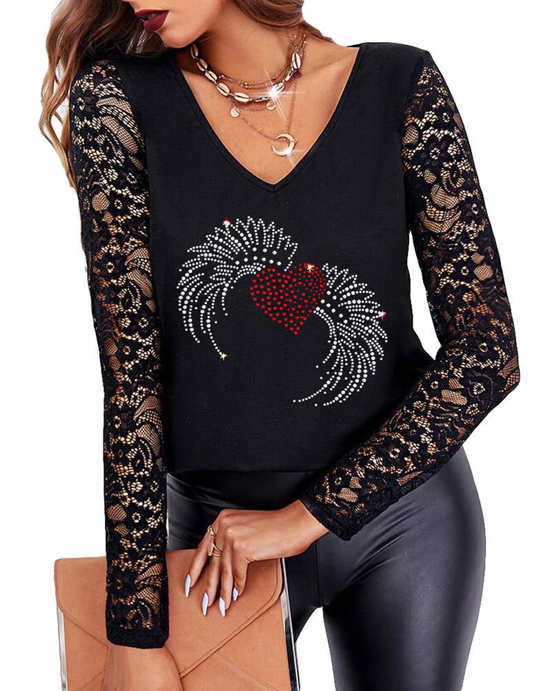 

Valentine' Day Long Sleeve Crochet Lace Rhinestone Top, Style1
