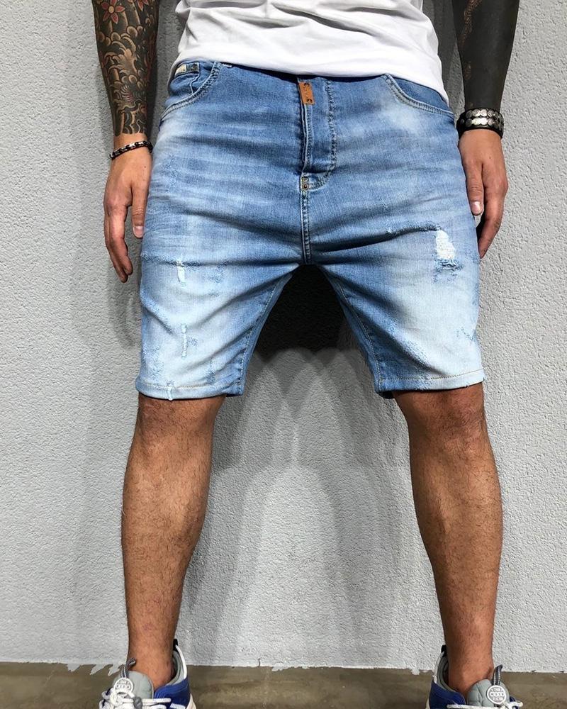 

Solid Washing Effect Ripped Denim Shorts, Lighted blue