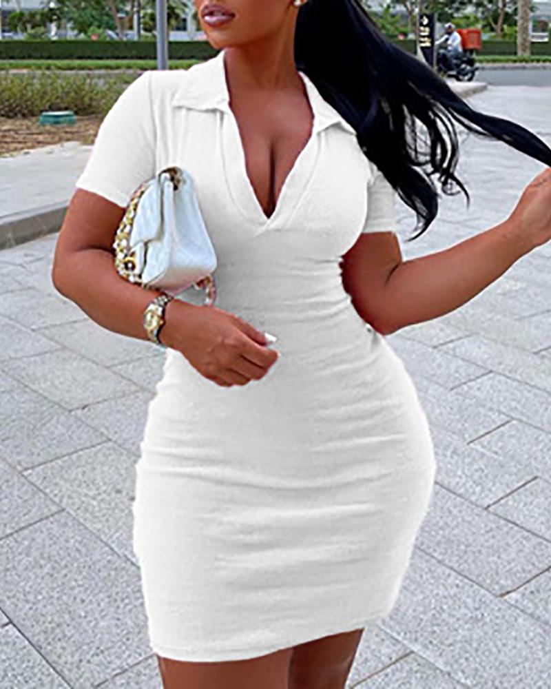 

Short Sleeve Ruched Skinny Bodycon Dress, White