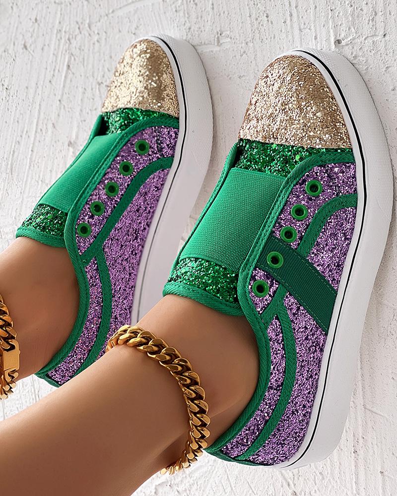 

Contrast Sequin Eyelet Slip-On Sneakers, Green