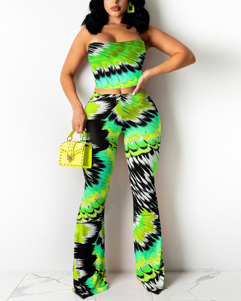 

All Over Print Tube Top & Pants Set, Green
